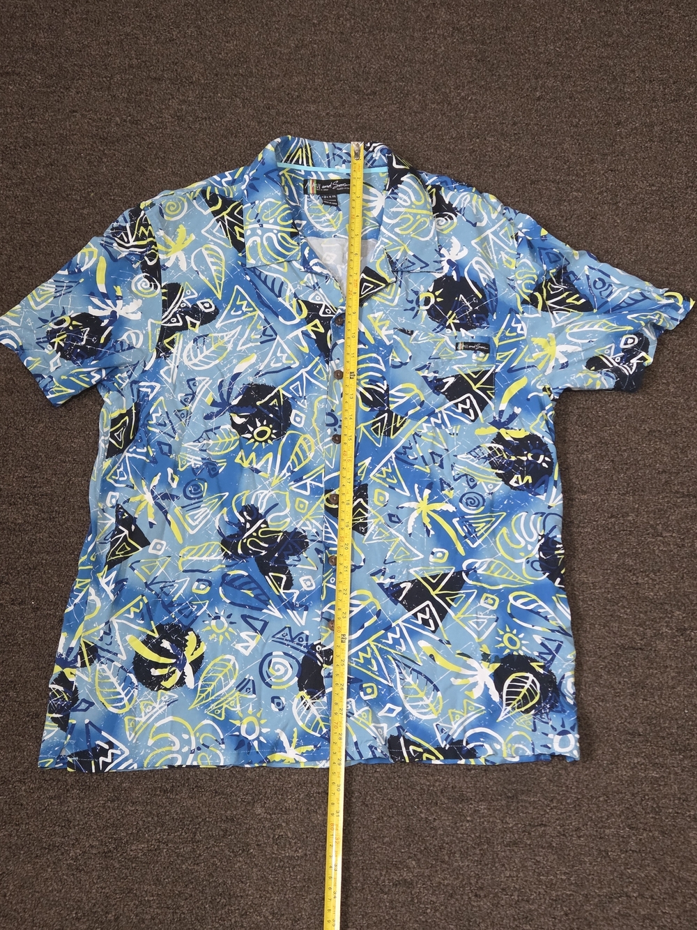 Maui & Sons - Short Sleeve Button Up | Blue Yellow Tropical Print | Men's Medium